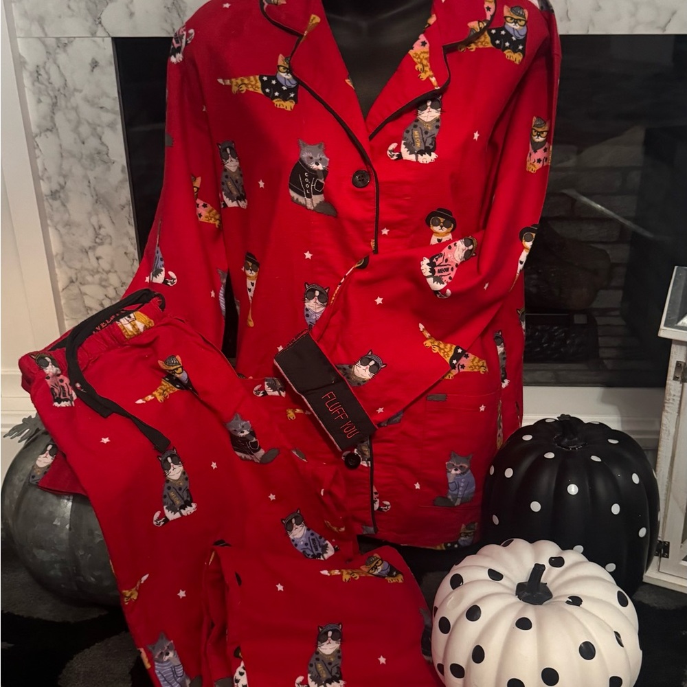 PJ Salvage Red Cat Print Kids Pajama Set